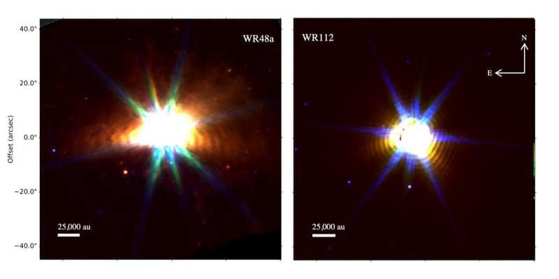 Infrared images from the James Webb Space Telescope combine three wavelengths of light to reveal the dusty shells around each Wolf-Rayet (WR) star