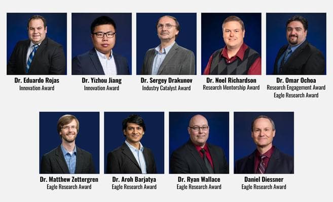 Top row (left to right): Dr. Eduardo Rojas, Dr. Yizhou Jiang, Dr. Sergey Drakunov, Dr. Noel Richardson and Dr. Omar Ochoa; Bottom row (left to right): Dr. Matthew Zettergren, Dr. Aroh Barjatya, Dr. Ryan Wallace and Daniel Diessner