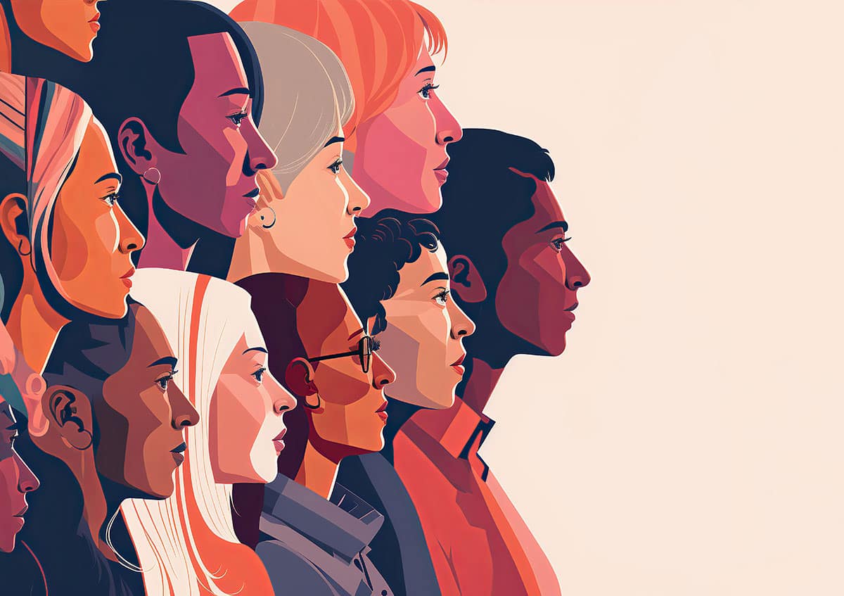 A side profile of multiple faces of different ethnicities.