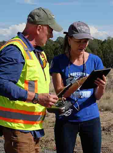 Embry-Riddle professors Kristy Kiernan and Scott Burgess testing unmanned aircraft systems (UAS) equipment and procedures.