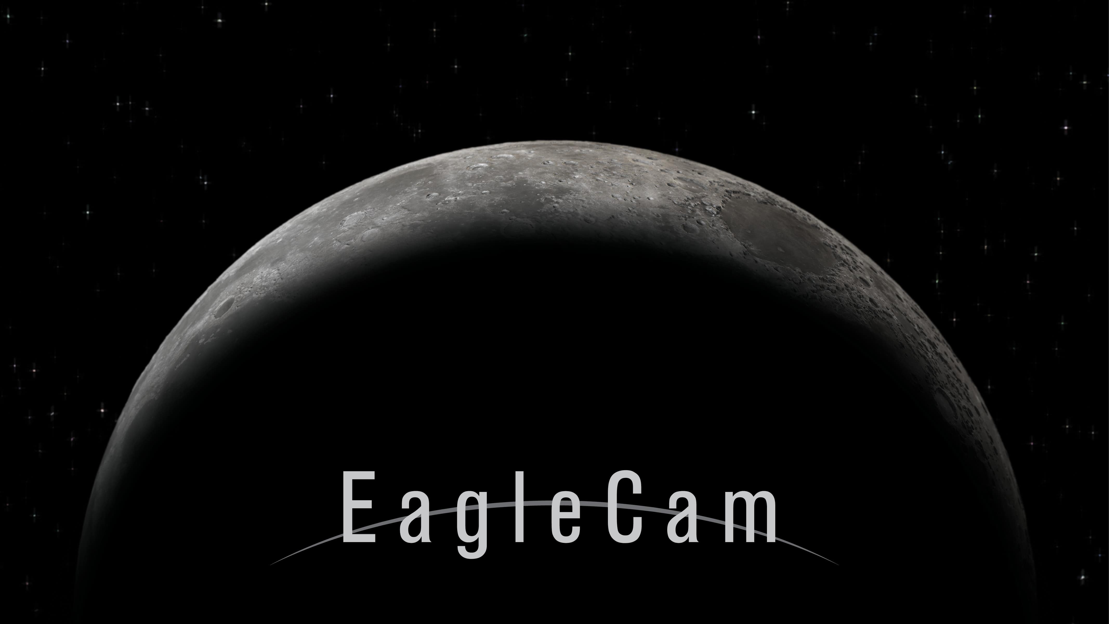 The moon in shadow on a black background with the word EagleCam. 