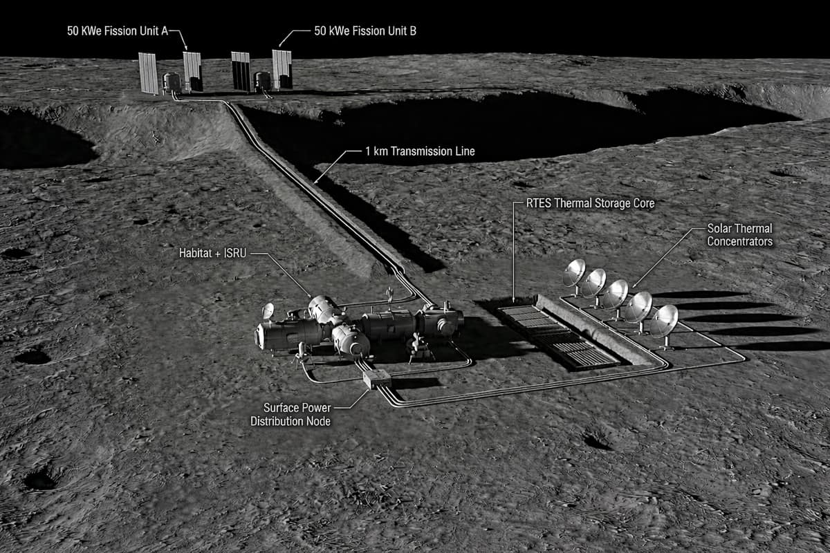 A rendering of a lunar energy system on the surface of the moon