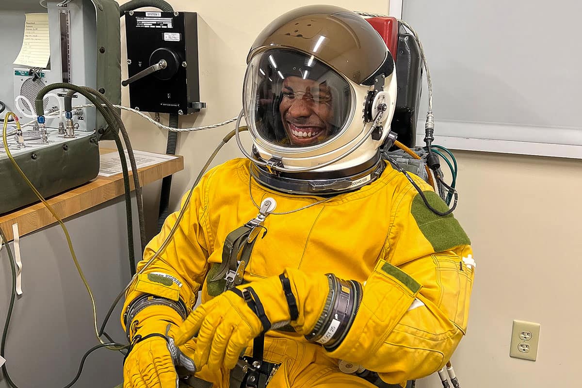 Jose Canales, a graduate Human Factors student at Embry-Riddle’s Worldwide Campus, tests a pressurized suit used by U-2 pilots during his aerospace and operational physiologist internship with the U.S. Air Force 9th Reconnaissance Wing