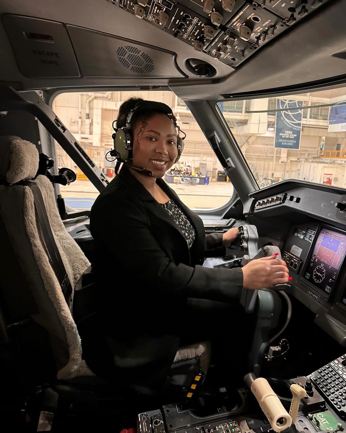 During her 2023 internship at Republic Airways, Aeronautics major Christa Foster checked out the flight deck of one of the company’s jets.