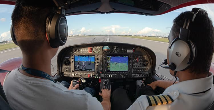 flight students take off and fly in a Cessna 172