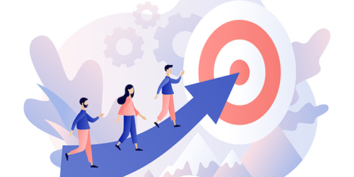 artist drawing of people walking up an arrow towards a bullseye