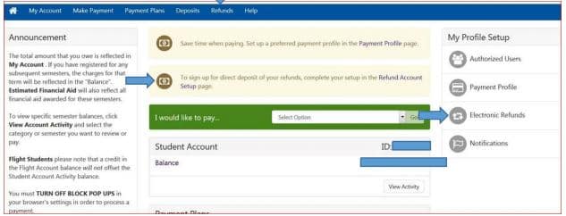 screenshot of student account finance options