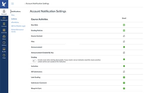 4)	Click ‘Account’, set Notification Preferences (Courses Activities, Discussions, Conversations, Scheduling, etc.).