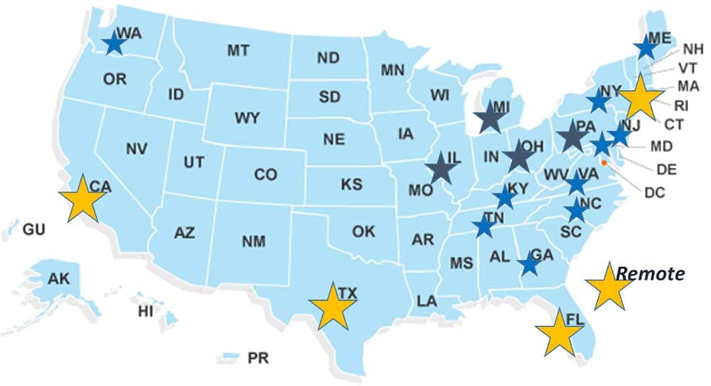 map of the top-five hiring locations