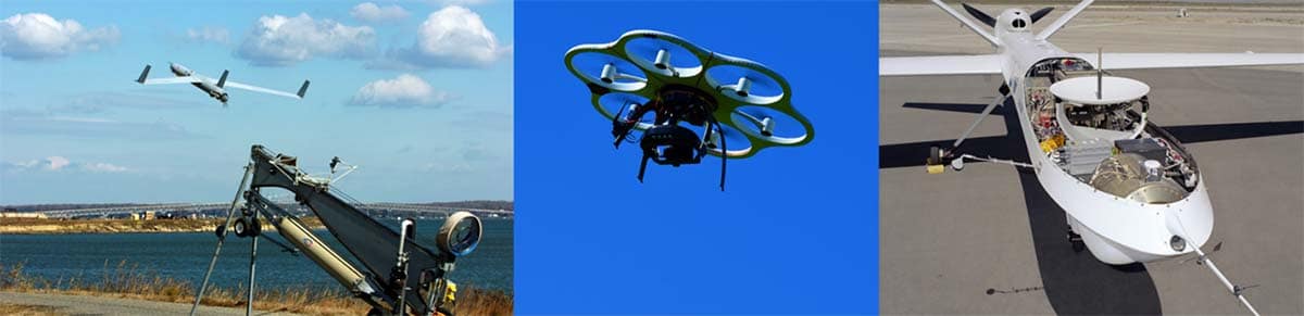 three photos of drones
